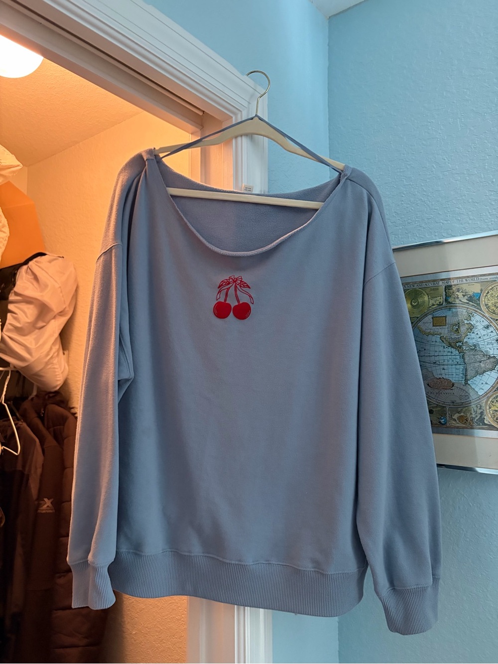 Aeropostale Light Blue Cherry Off Shoulder Sweatshirt- worn once